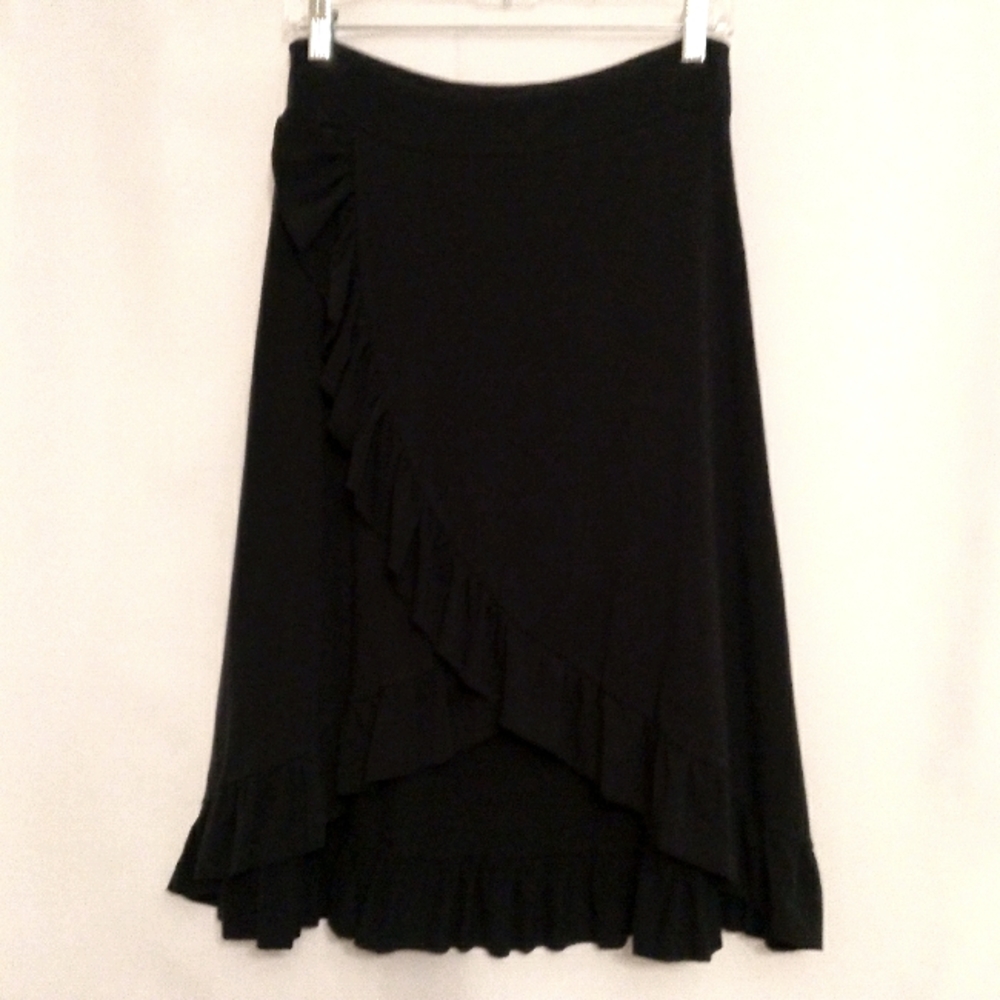 🎁 Free People, Vintage, Hi-Lo, Bohemian, Ruffled, Faux Wrap Skirt in Deep Black